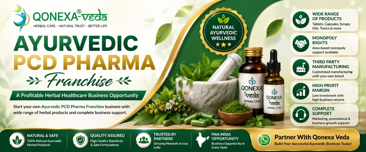 Ayurvedic PCD Pharma Franchise banner by Qonexa Veda for herbal healthcare products, Ayurvedic third party manufacturing, monopoly franchise support and Pan India business opportunity