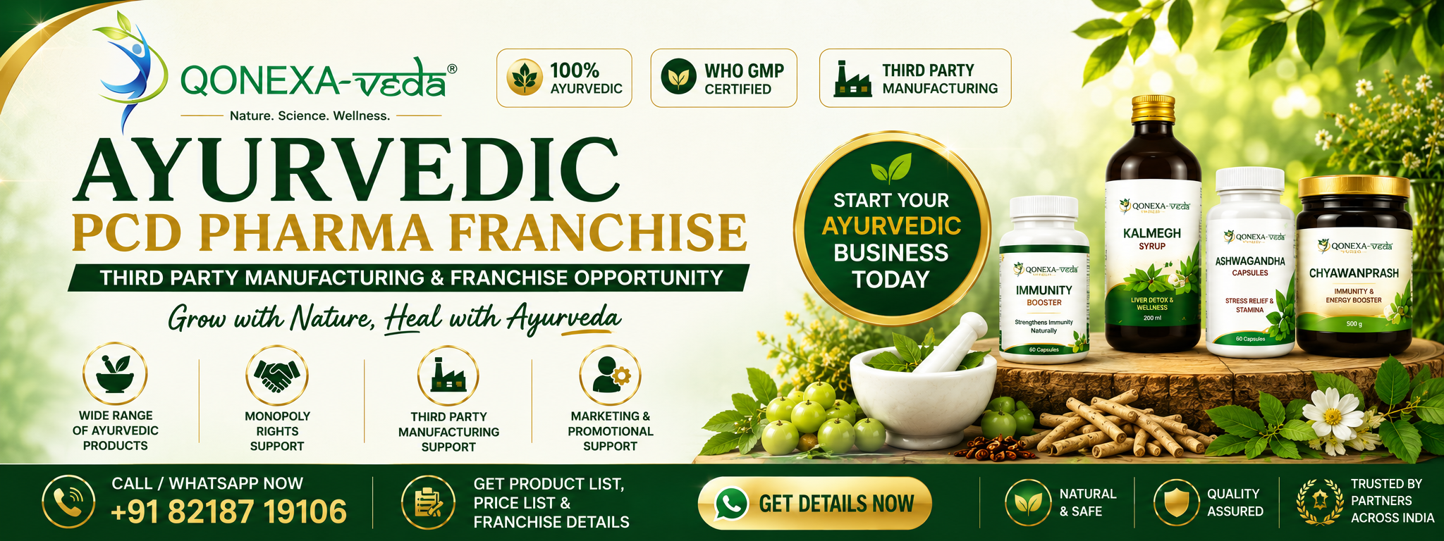 Qonexa Veda Ayurvedic PCD Pharma Franchise and Third Party Manufacturing banner with herbal healthcare products, WHO GMP certified support, monopoly rights, Ayurvedic wellness range, green and gold premium design, and business opportunity call-to-action in India.