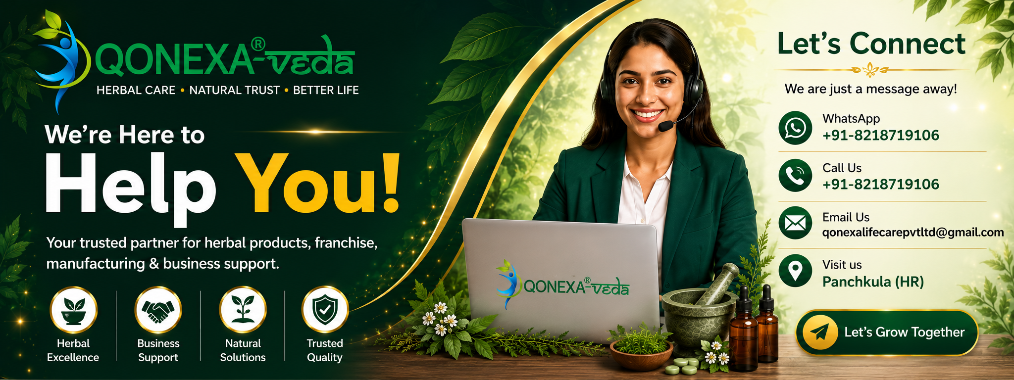 Qonexa Veda contact support banner featuring Ayurvedic herbal care branding, customer support executive with headset, WhatsApp and call contact number +91-8218719106, email support, Panchkula Haryana location, herbal healthcare products, and premium green-gold business support design for Ayurvedic PCD franchise and third party manufacturing.