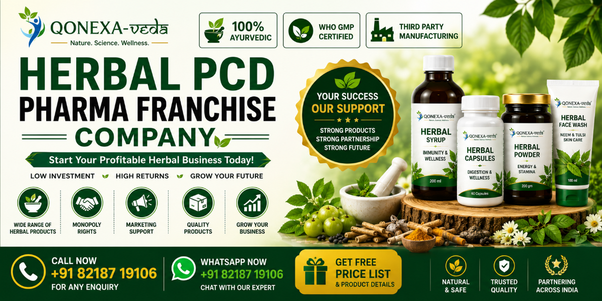 Herbal PCD Pharma Franchise Company banner by Qonexa Veda with Ayurvedic products and franchise business support